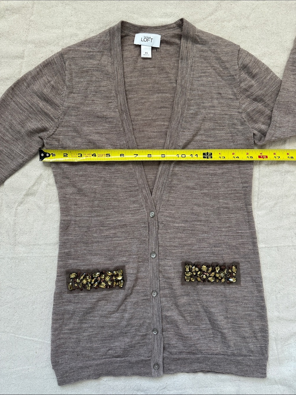 Ann Taylor LOFT Wool Blend Embellished Long Sleeve Taupe Cardigan Sweater XS - Picture 6 of 9